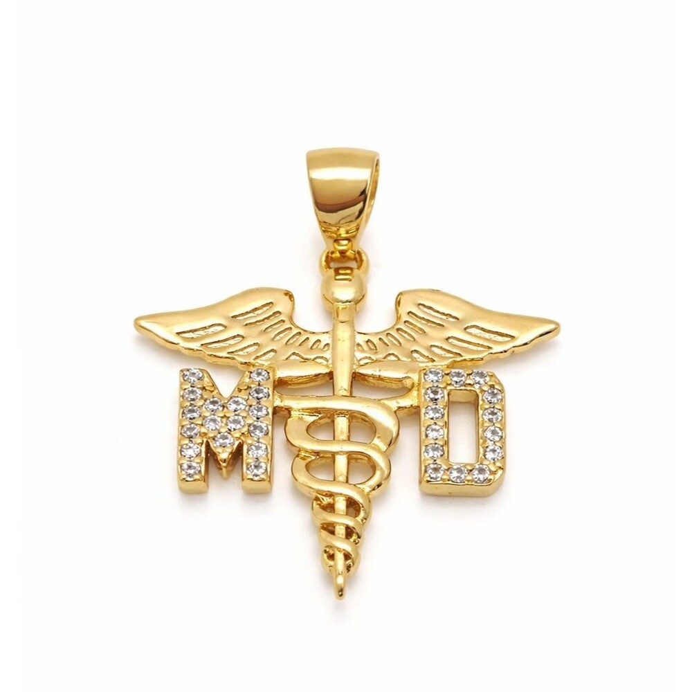 Yellow Gold Plated 925 Sterling Silver Medical Doctor Caduceus Symbol CZ Pendant